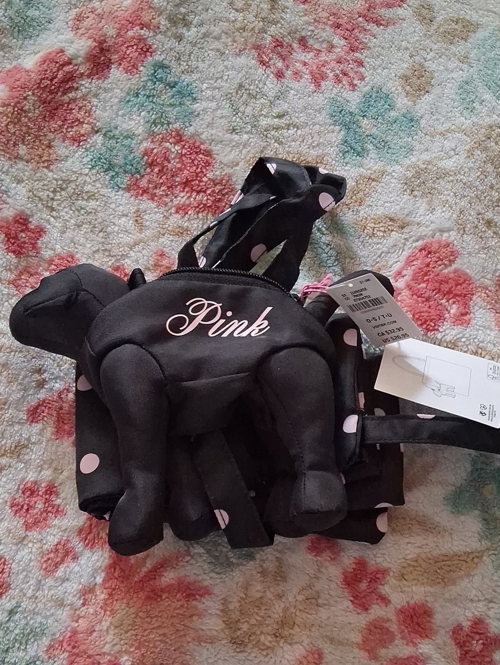 PINK Victoria's Secret Black Plush Dog Tote with Pink Polka Dots